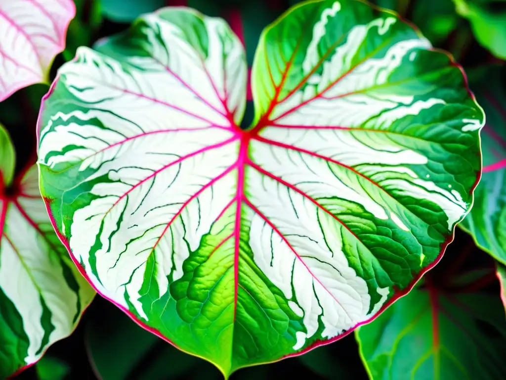 Detalle impresionante de un Caladium vibrante y exuberante, con hojas coloridas en contraste