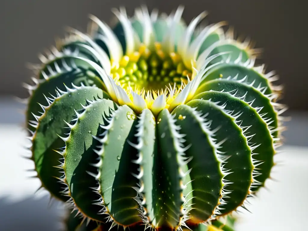 Detalle impresionante de cactus Echinopsis con espinas blancas y gotas de agua, bañado en luz suave