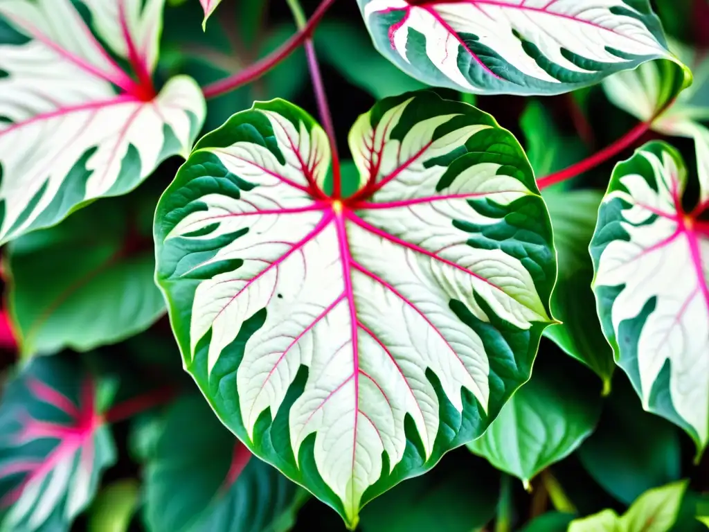 Detalle impresionante de un exuberante Caladium en interiores, resaltando sus patrones y colores vibrantes en un microclima perfecto