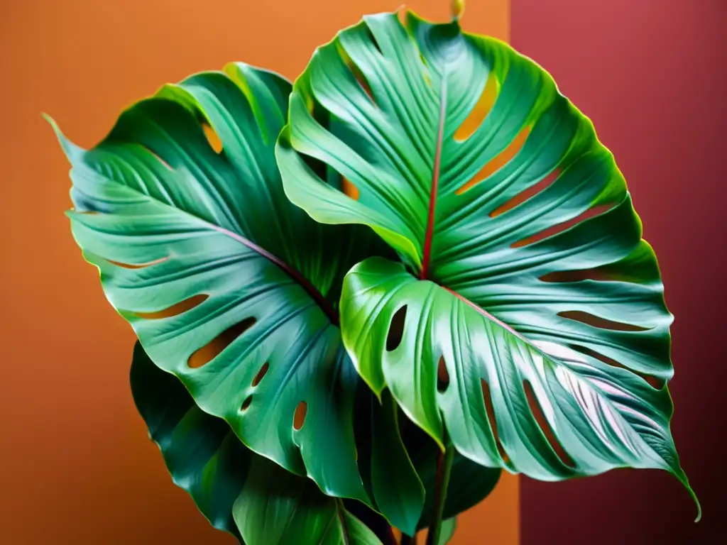 Detalle impresionante de una exuberante Calathea Medallion con hojas intrincadas y vibrantes