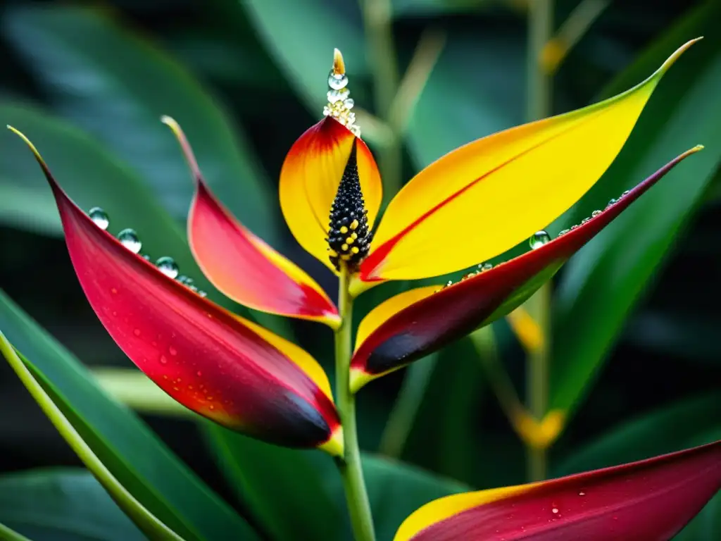 Detalle impresionante de una exuberante flor helicónia roja y amarilla con gotas de agua brillando en sus pétalos