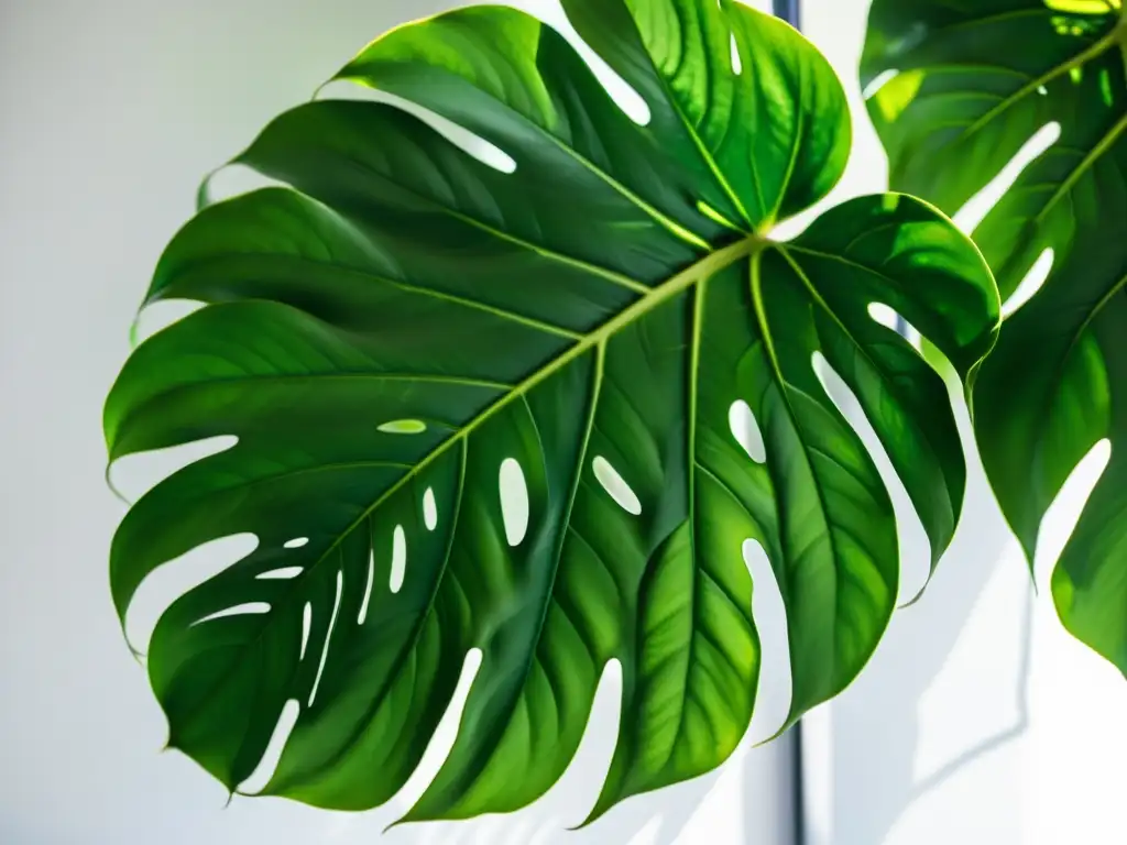 Detalle impresionante de una exuberante planta monstera deliciosa con patrones naturales de hojas brillantes