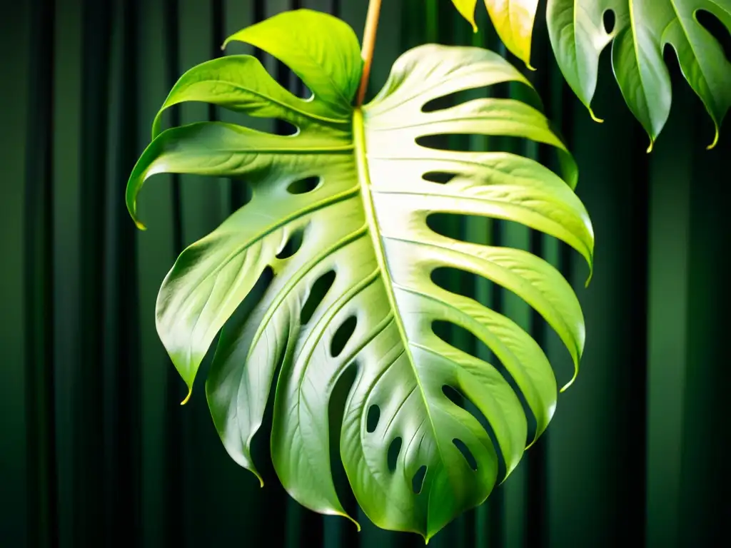 Detalle impresionante de una exuberante planta monstera deliciosa con hojas brillantes en un juego de luz y sombra