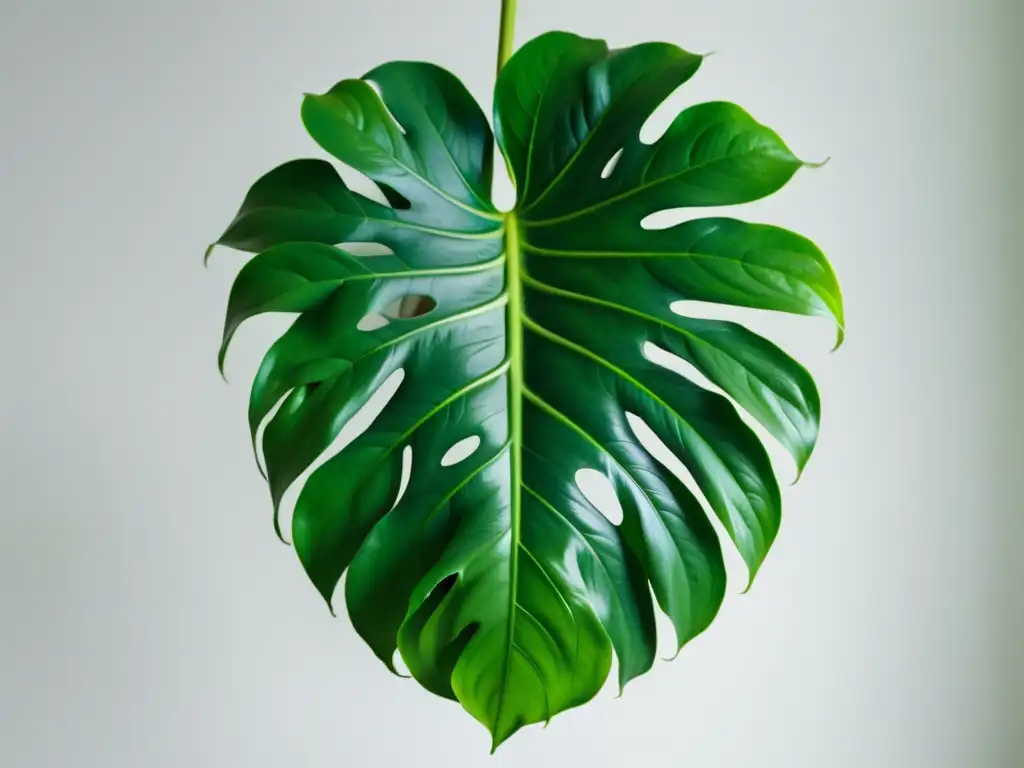 Detalle impresionante de una exuberante planta monstera verde, con patrones intrincados y tonos vibrantes, iluminada suavemente