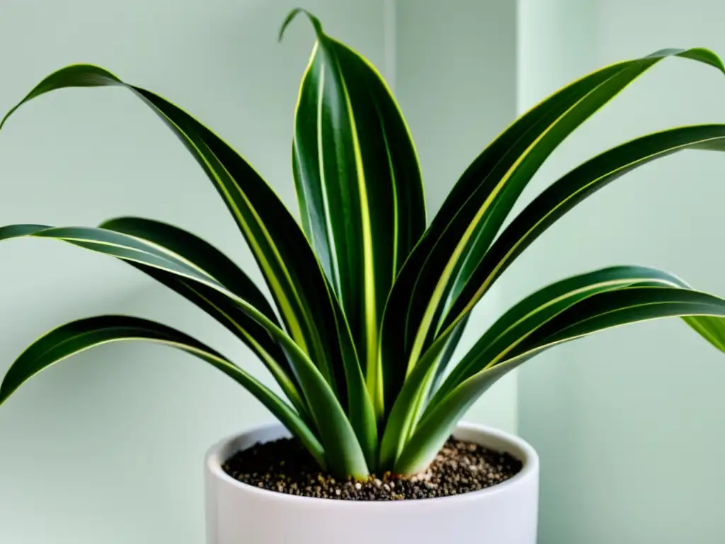 Detalle impresionante de una exuberante sansevieria en maceta blanca, iluminada suavemente