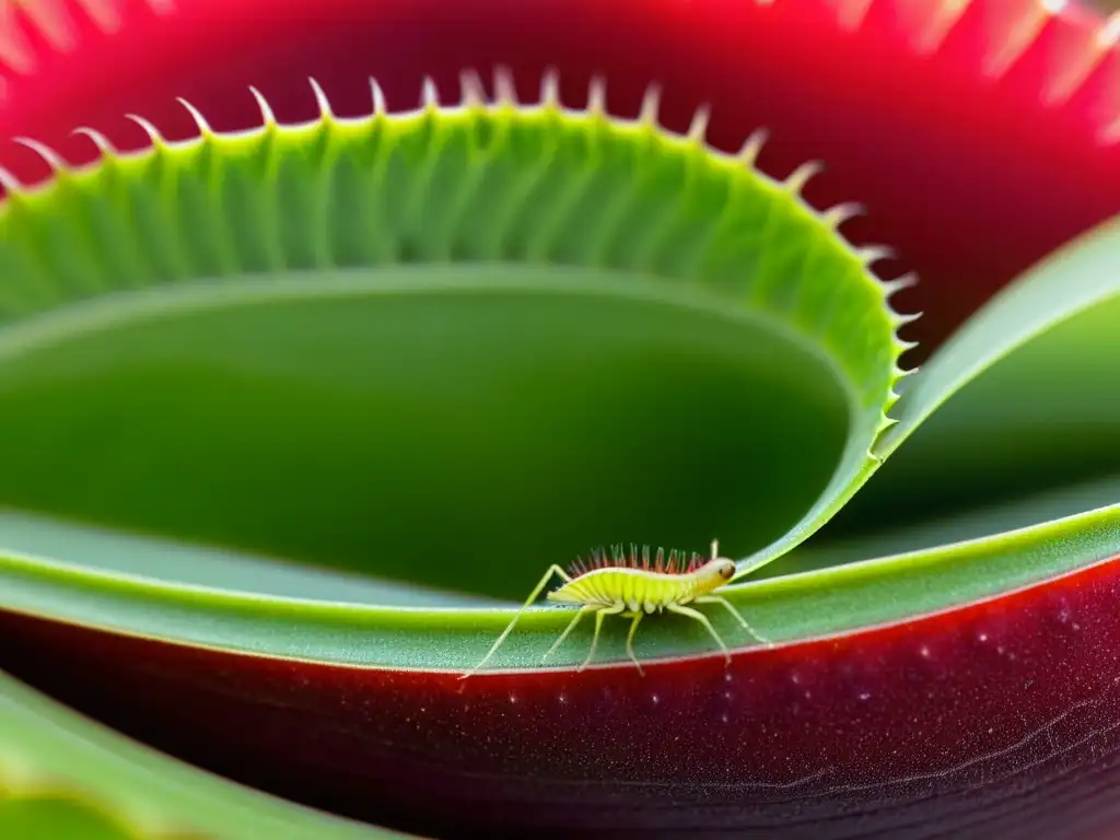 Detalle impresionante del funcionamiento de las plantas carnívoras cuidado: Venus atrapamoscas capturando una presa con sus lóbulos plegados