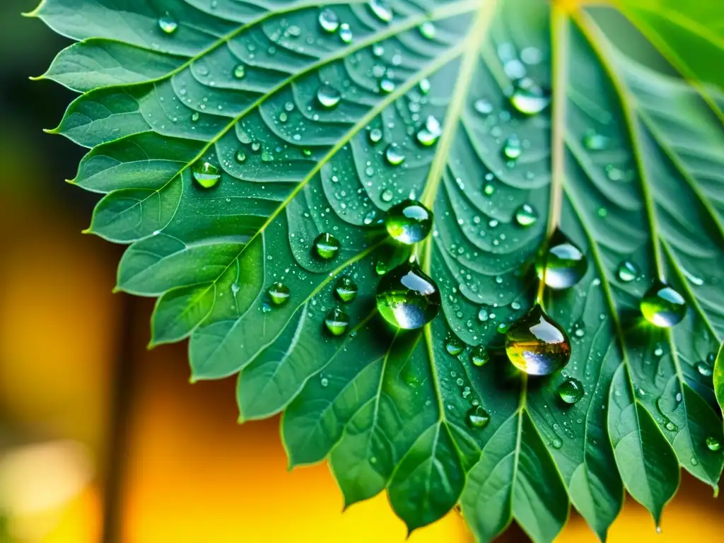 Detalle impresionante de gotas de agua en hojas verdes de planta de interior, creando un efecto prismático bajo la luz solar