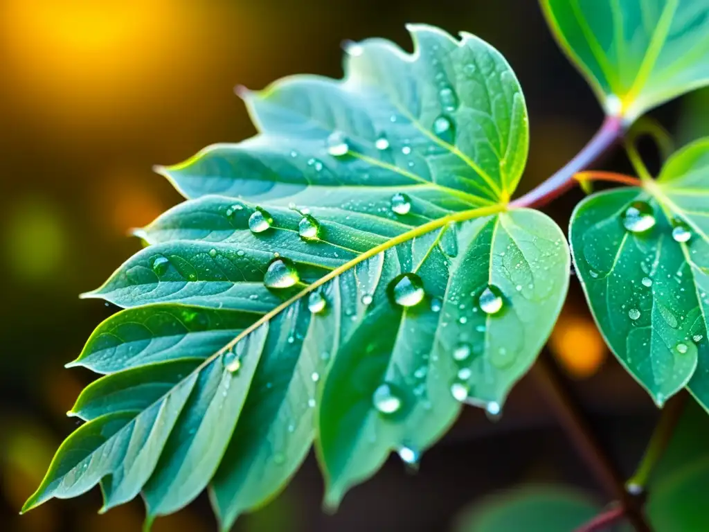 Detalle impresionante de gotas de agua brillando sobre hojas verdes en un ambiente cálido, efecto rociada plantas interior