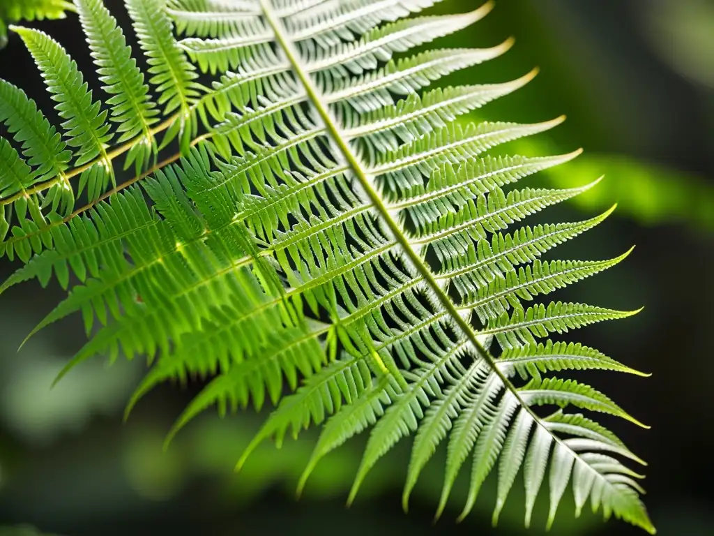 Detalle impresionante de un helecho verde vibrante iluminado, revelando patrones y texturas delicadas