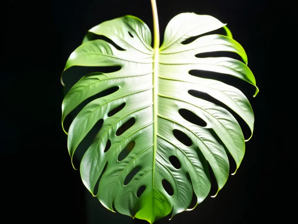 Detalle impresionante de una hoja exuberante de monstera deliciosa, fotografiar plantas de interior