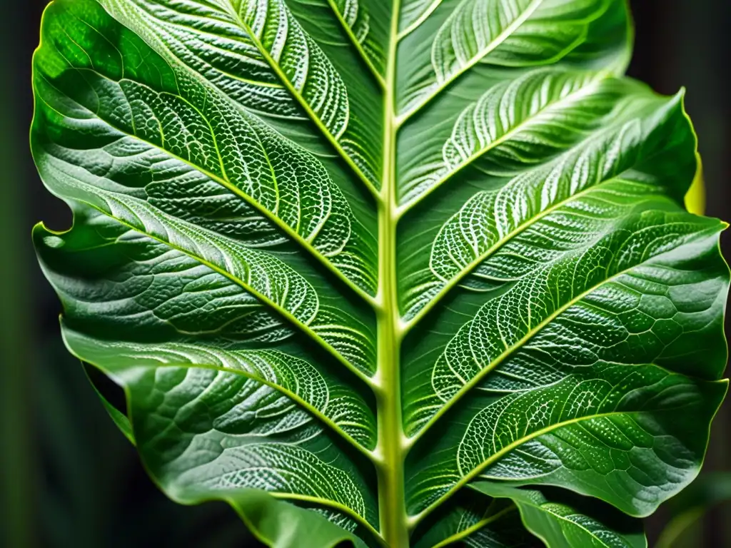 Detalle impresionante de una hoja de Dieffenbachia iluminada, resaltando sus patrones y texturas