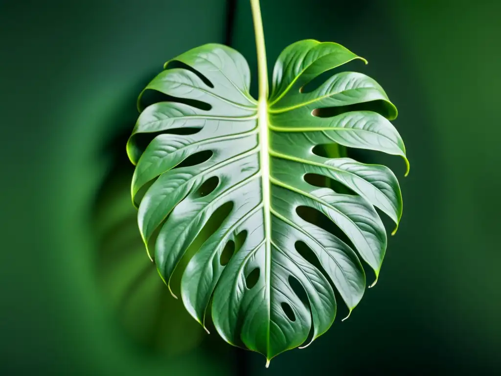 Detalle impresionante de una hoja de monstera deliciosa en tonos verdes, con su intrincada red de venas y textura aterciopelada