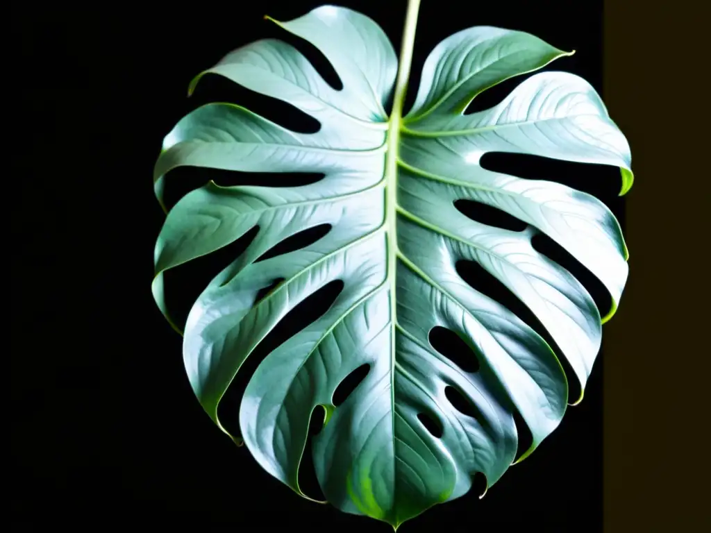 Detalle impresionante de una hoja de Monstera deliciosa en suaves luces naturales