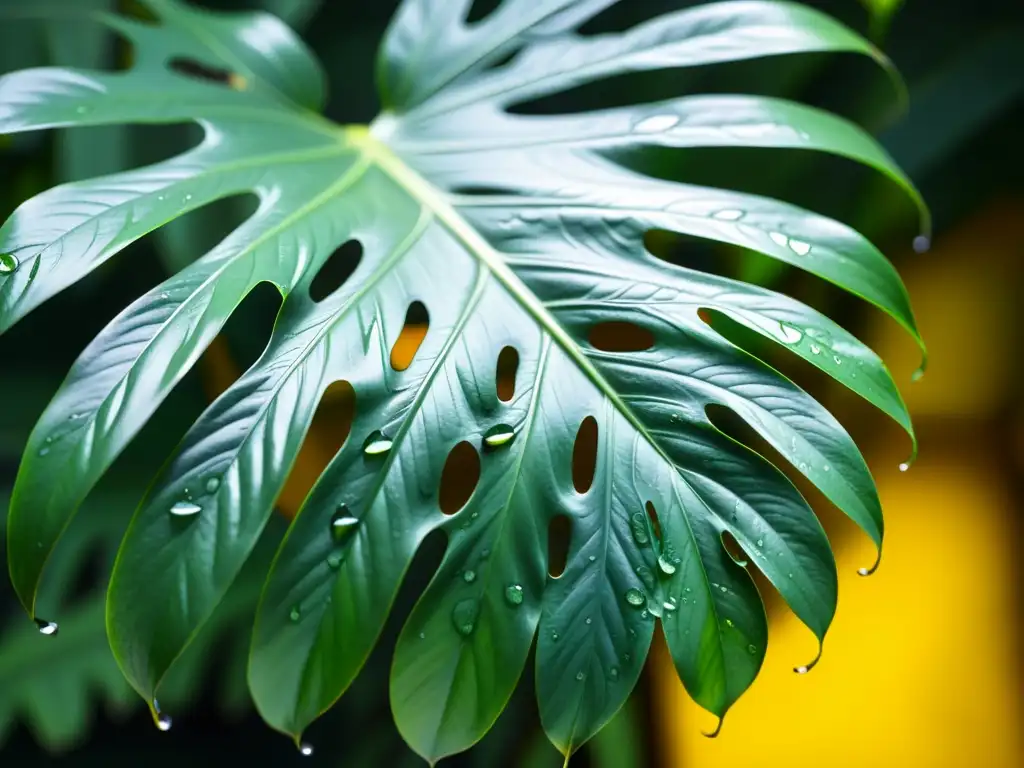 Detalle impresionante de la hoja de monstera deliciosa en luz y sombra, con gotas de agua