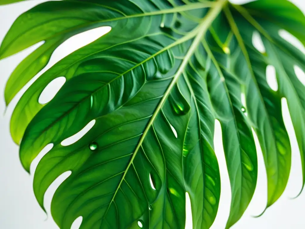 Detalle impresionante de una hoja de monstera verde con gotas de agua, sobre fondo blanco