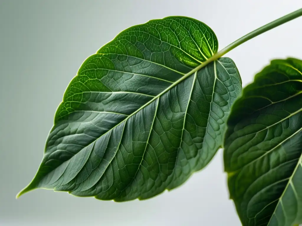 Detalle impresionante de hoja de planta de interior sana, con venas y texturas sutiles