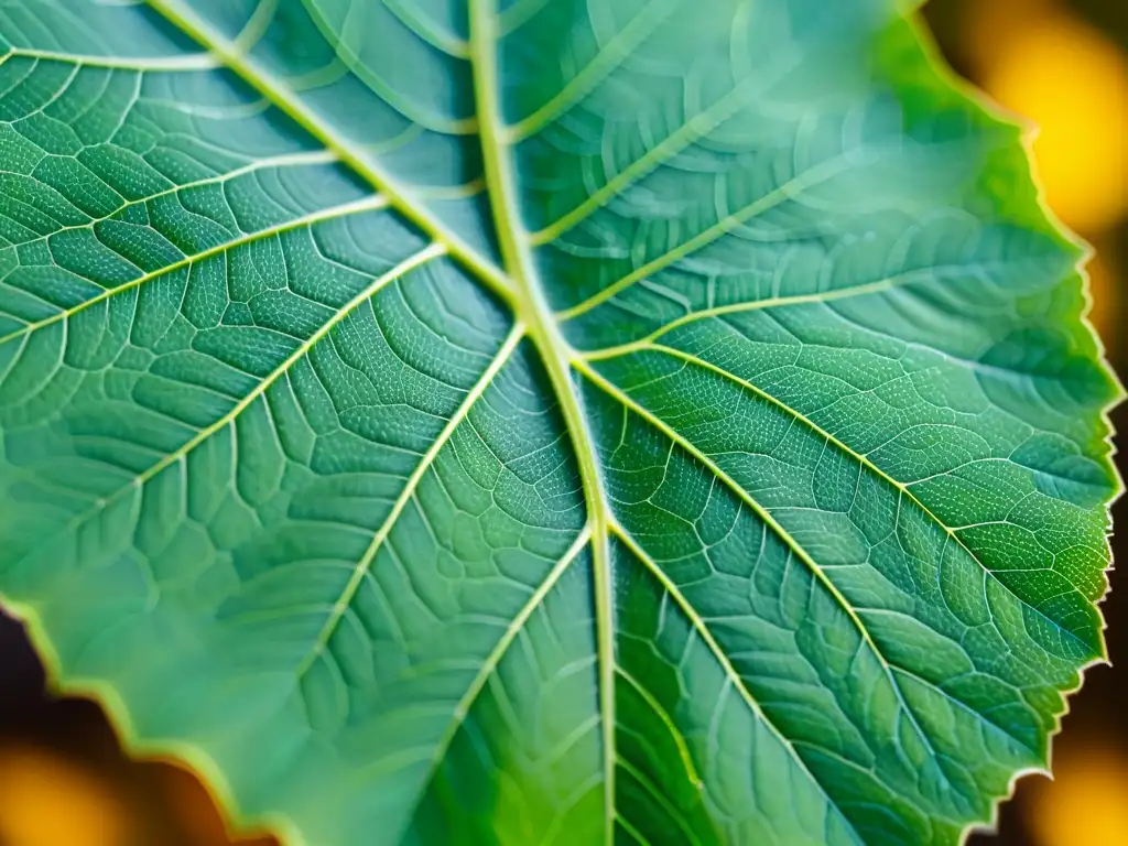 Detalle impresionante de una hoja de planta verde vibrante, iluminada por una luz suave que resalta sus intrincadas venas y delicados vellos