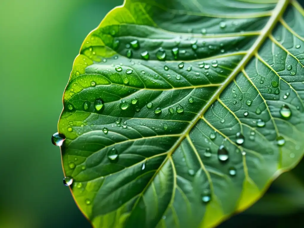 Detalle impresionante de una hoja de planta de interior sana con gotas de agua, iluminada por luz natural suave