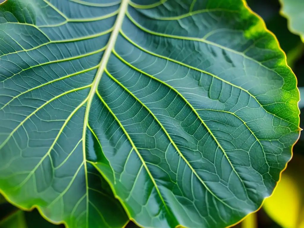 Detalle impresionante de una hoja de Ficus Lyrata, con su red de venas y textura brillante