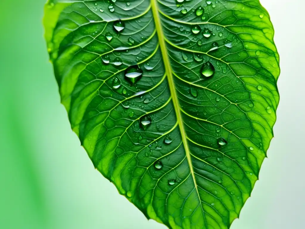 Detalle impresionante de una hoja sana de Dieffenbachia con patrones de verde, gotas de agua y fondo blanco