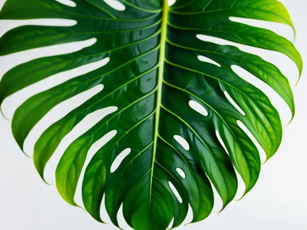 Detalle impresionante de hoja variegada de monstera deliciosa en fondo blanco