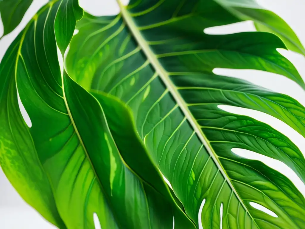 Detalle impresionante de una hoja variegada de Monstera deliciosa, en fondo blanco