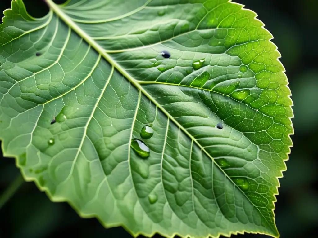 Detalle impresionante de una hoja verde con manchas negras, resaltando su textura