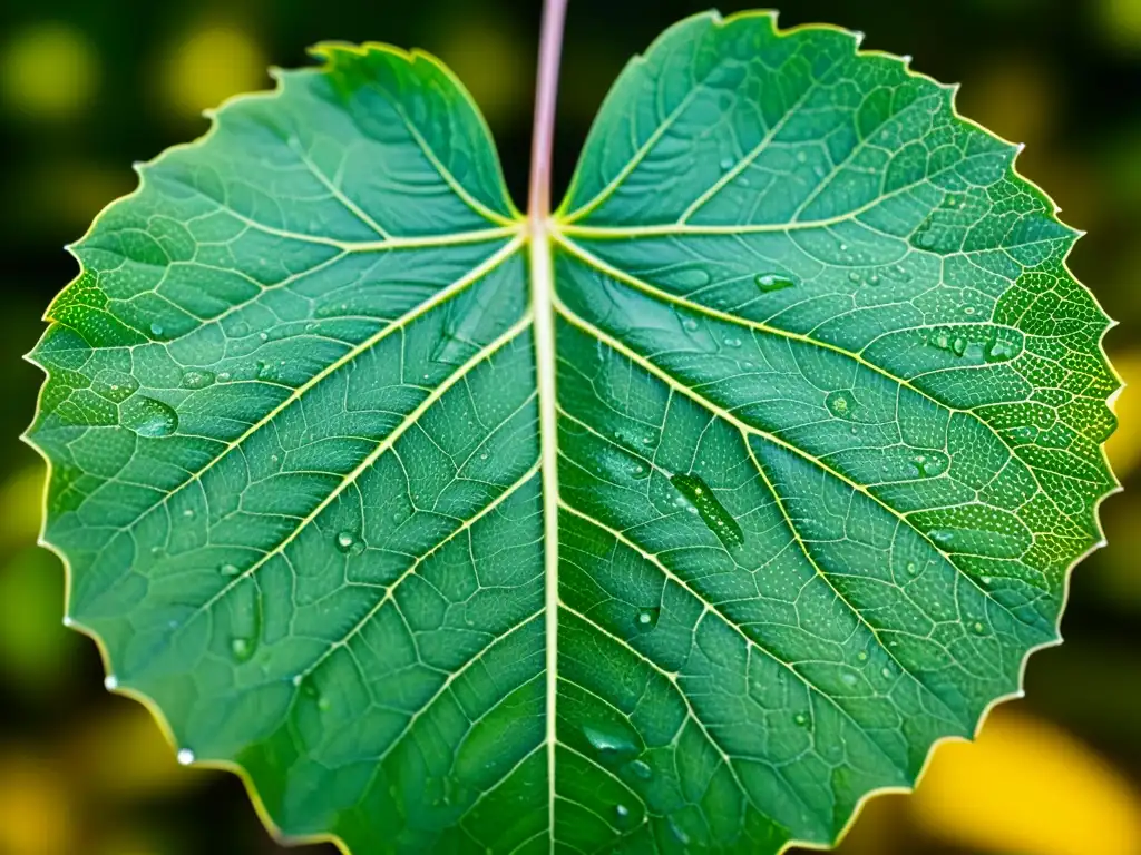 Detalle impresionante de una hoja verde vibrante con patrones de venas y gotas de agua