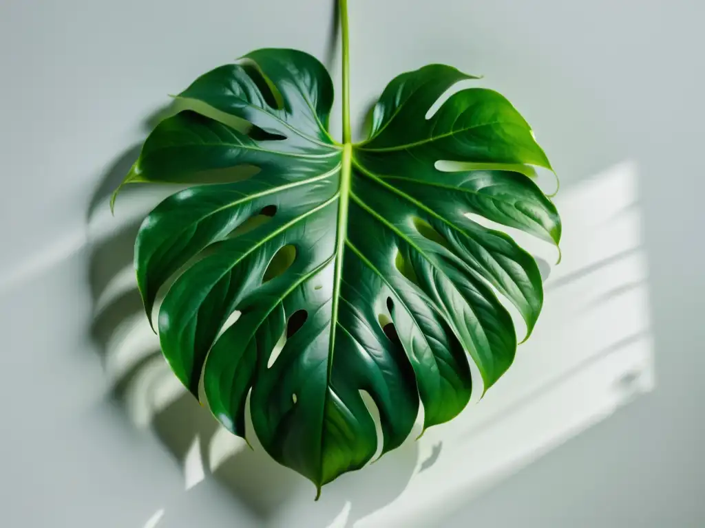 Detalle impresionante de una hoja verde vibrante de monstera deliciosa, mostrando la intrincada red de venas y textura brillante