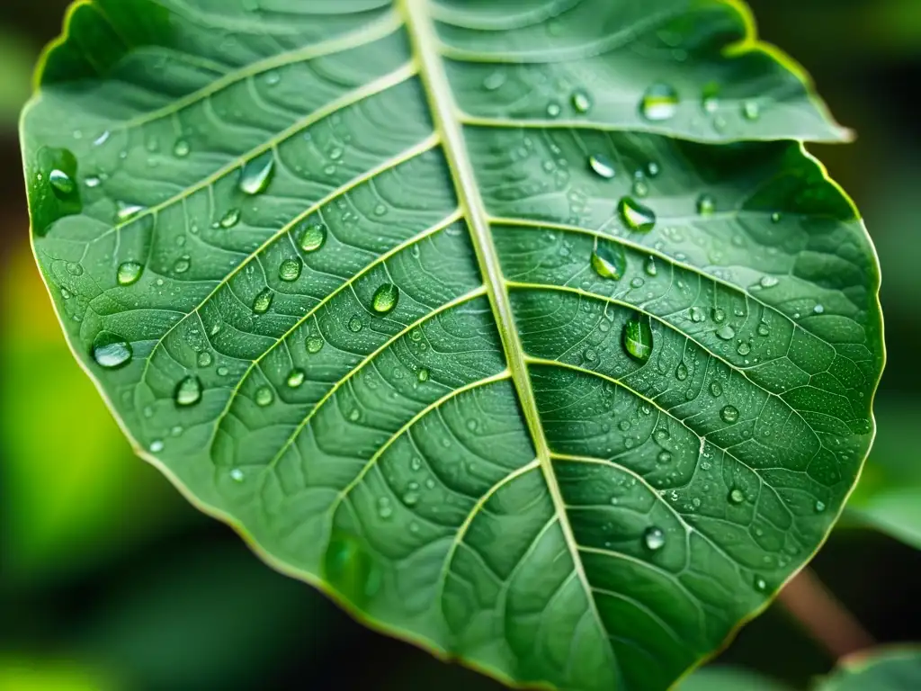 Detalle impresionante de una hoja verde exuberante con gotas de agua, en suaves luces