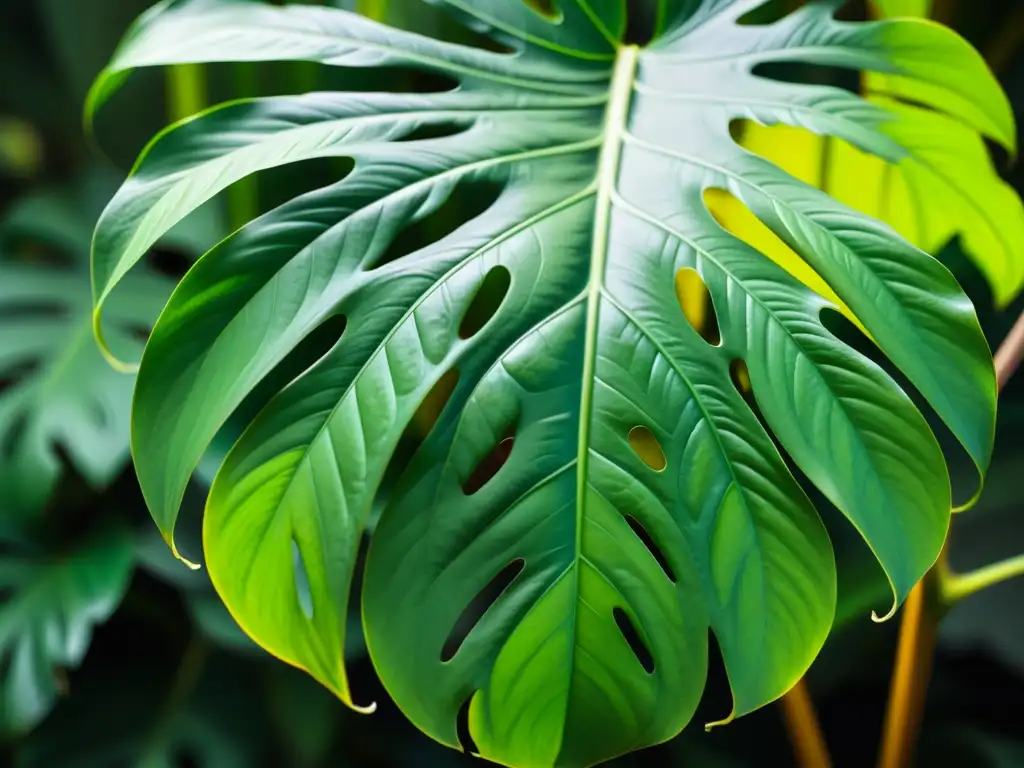 Detalle impresionante de hoja verde vibrante de Monstera deliciosa, resaltando su patrón elegante y venas delicadas