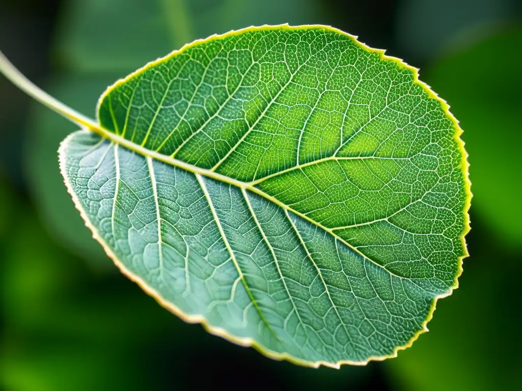 Detalle impresionante de una hoja verde vibrante iluminada por luz artificial, realzando su pigmentación y vitalidad natural