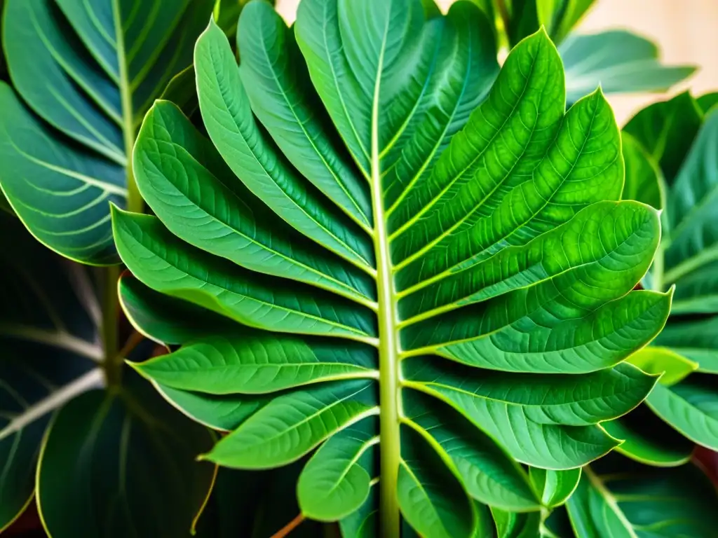 Detalle impresionante de hojas verdes de planta de interior, iluminadas por luz natural, evocando cuidado y reverencia por la naturaleza