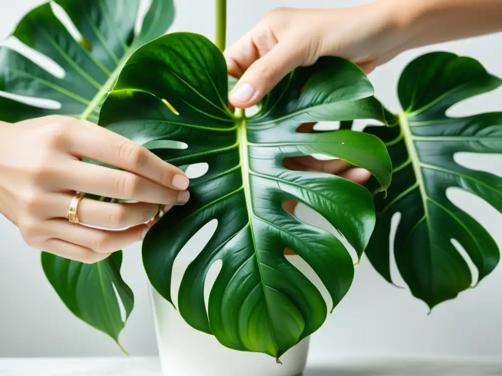 Detalle impresionante de manos multiplicando cuidadosamente una Monstera variegada en un taller de plantas de interior