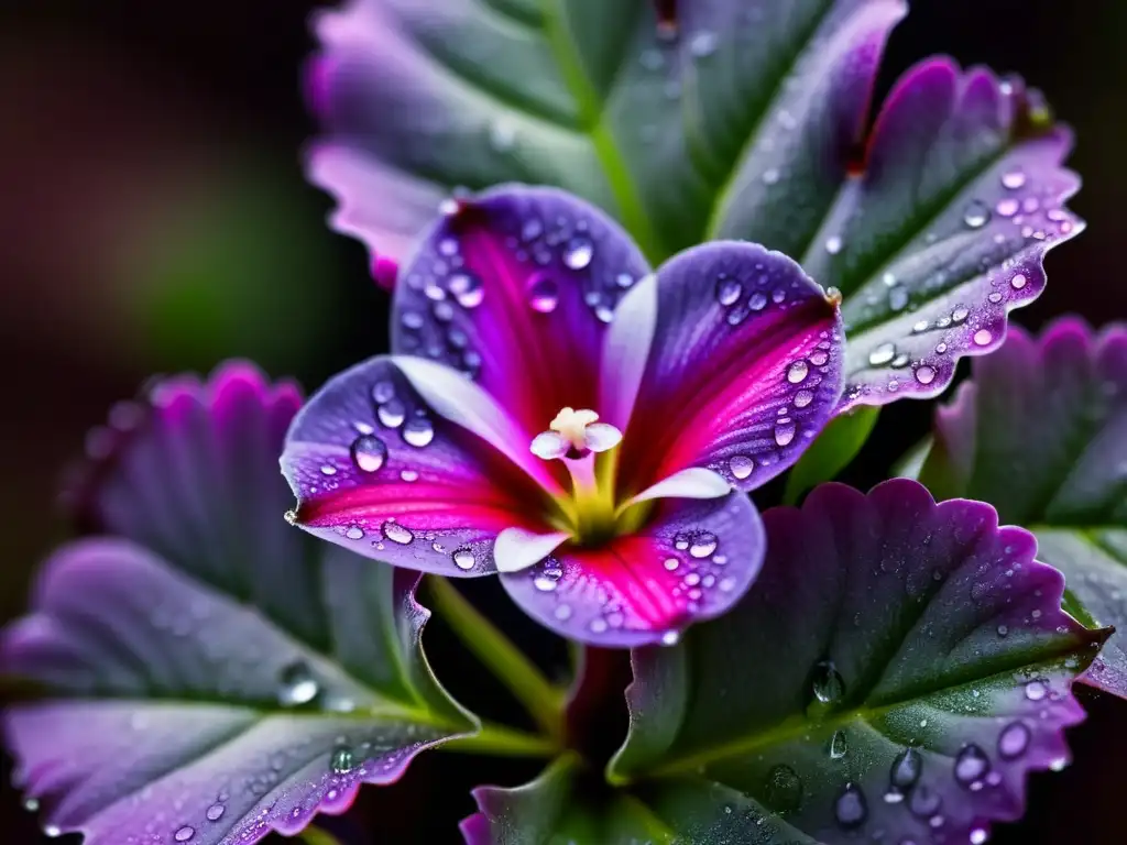 Detalle impresionante de una planta carnívora rosa Pinguicula con presas atrapadas