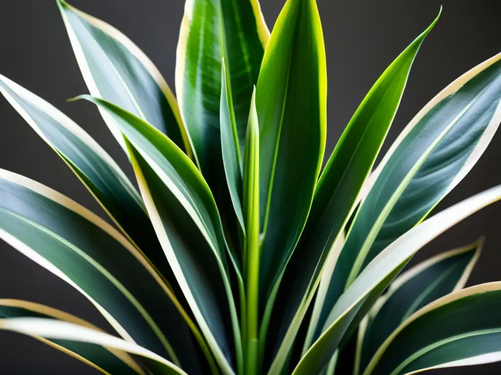 Detalle impresionante de la planta serpiente (Sansevieria trifasciata) con hojas elegantes, evocando tranquilidad y belleza