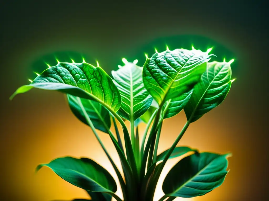 Detalle impresionante de una planta de interior bajo iluminación LED, con hojas exuberantes y saludables, creando un ambiente sereno y vibrante