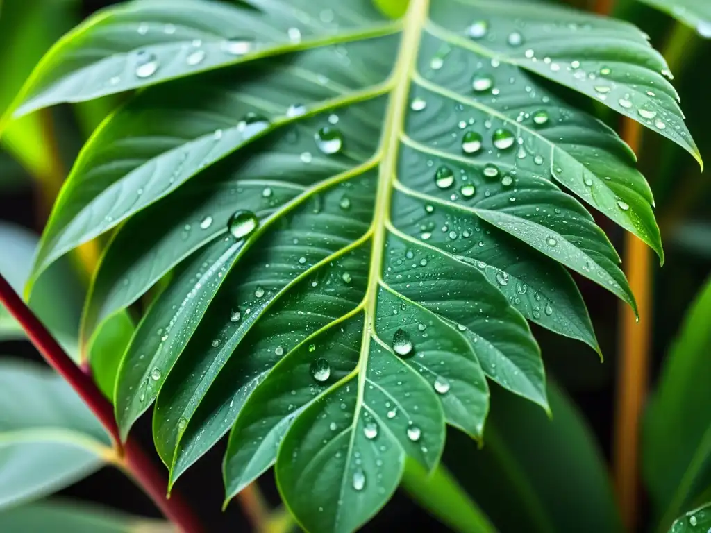 Detalle impresionante de planta de interior con nebulización, hojas verdes brillantes y gotas de agua relucientes