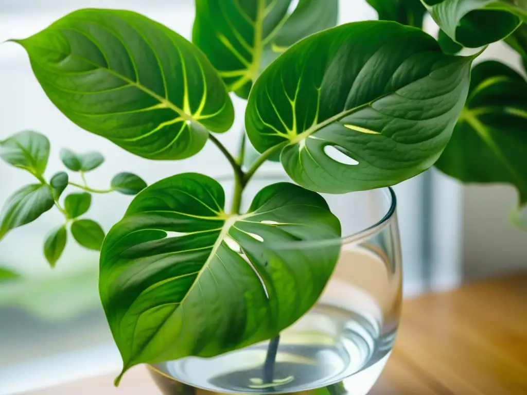 Detalle impresionante de la propagación de plantas en agua con raíces de pothos sumergidas en un jarrón de vidrio claro