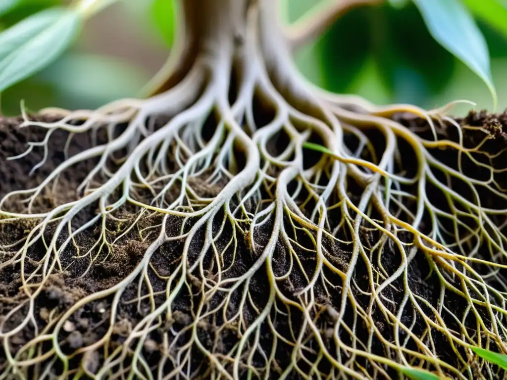 Detalle impresionante de las raíces entrelazadas de una planta de interior, destacando la delicada naturaleza de las raíces