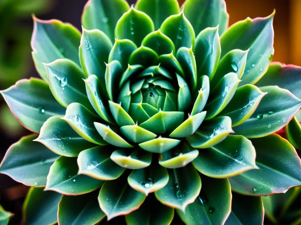 Detalle impresionante de suculenta verde con gotas de agua