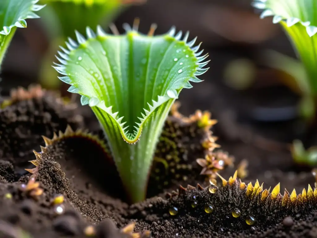 Detalle impresionante de una trampa de Venus flytrap brillante con gotas de rocío