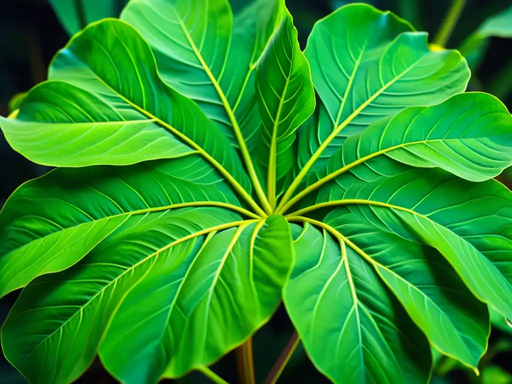 Detalle impresionante de las venas en las hojas verdes brillantes de la Alocasia