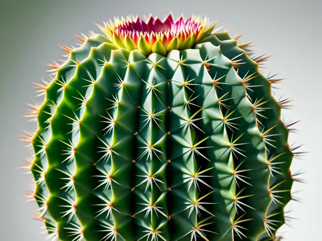 Detalle impresionante de un cactus verde vibrante con patrones de espinas, sobre fondo blanco