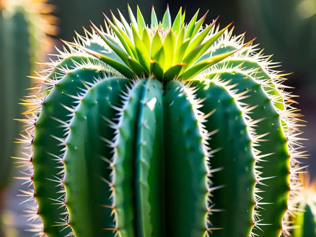 Detalle impresionante de un cactus verde vibrante con espinas intrincadas, realzando su belleza natural