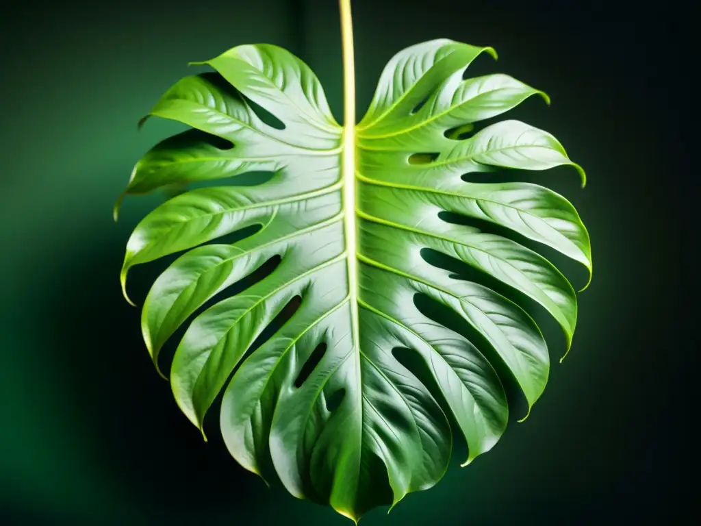 Detalle increíble de una hoja de monstera verde vibrante, iluminada por detrás, que realza su belleza natural