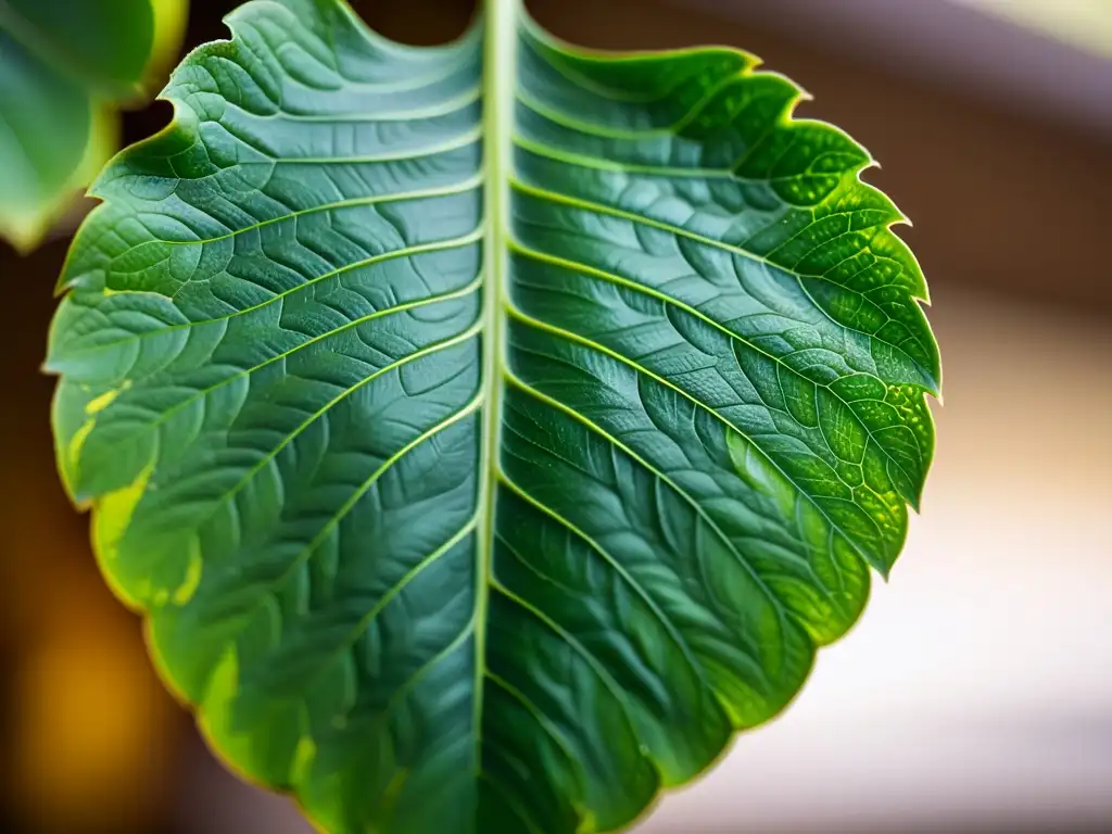 Detalle increíble de una hoja de planta verde y saludable, resaltando sus patrones y colores vibrantes