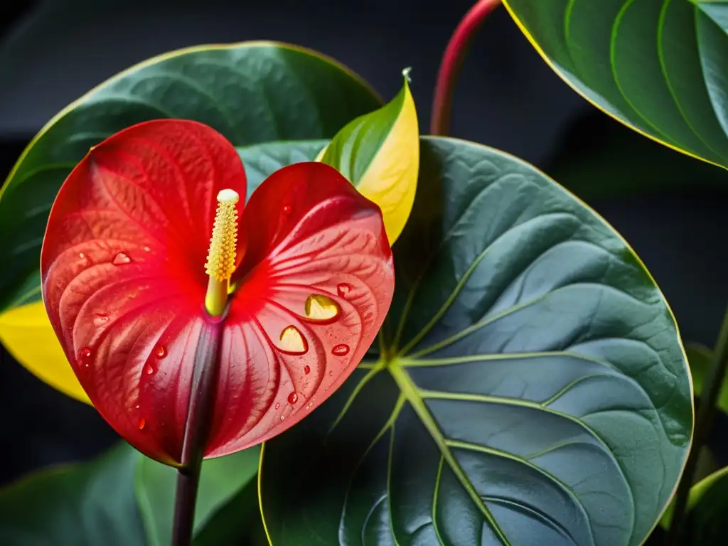 Anthurium rojo: detalle impresionante Detalle increíble de una anthurium roja vibrante con hojas verdes brillantes