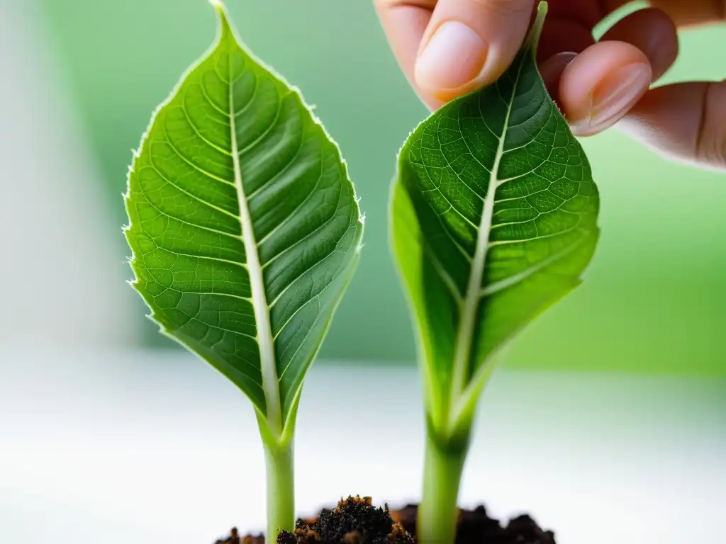 Detalle de injerto de dos tallos de plantas en un proceso meticuloso, destacando la compatibilidad vegetal para injertos con destreza y precisión