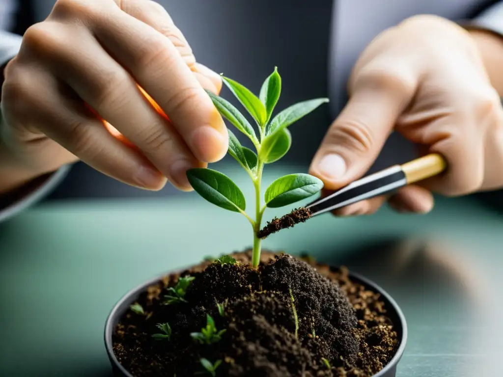 Detalle de injertos de aire para plantas: manos realizando un delicado injerto de planta, mostrando la meticulosidad del proceso de injerto